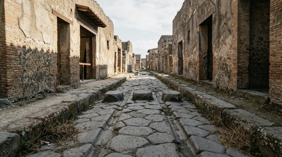 Cart ruts worn into basalt paving and raised stepping stones on a Roman street, seen on a Pompeii tour from Naples, Italy