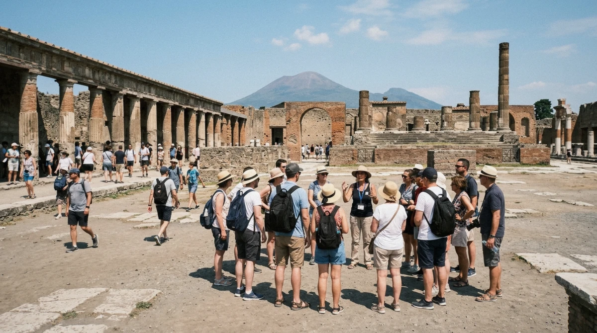Guided group gathered in the Forum of Pompeii under midday sun on a Pompeii tour from Naples, Italy