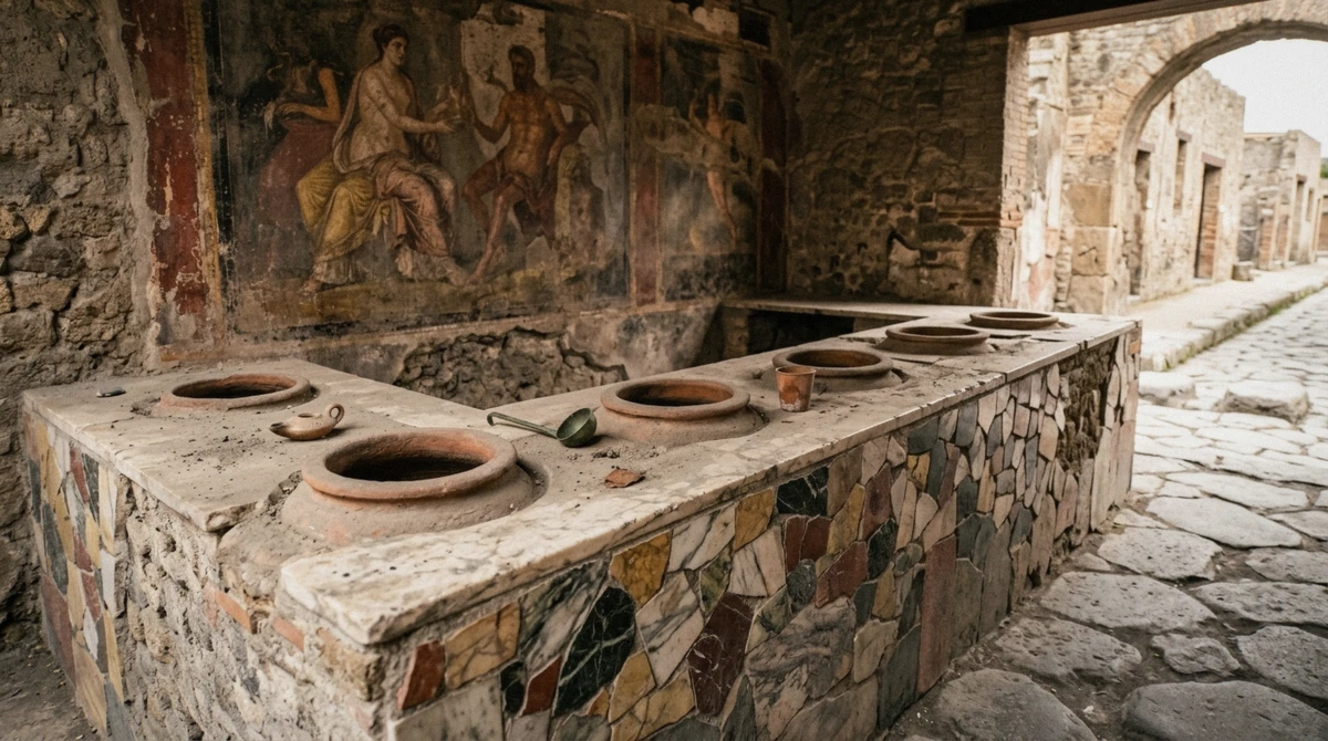 Marble-faced thermopolium counter with sunken terracotta jars at Pompeii, on a Pompeii tour from Naples, Italy